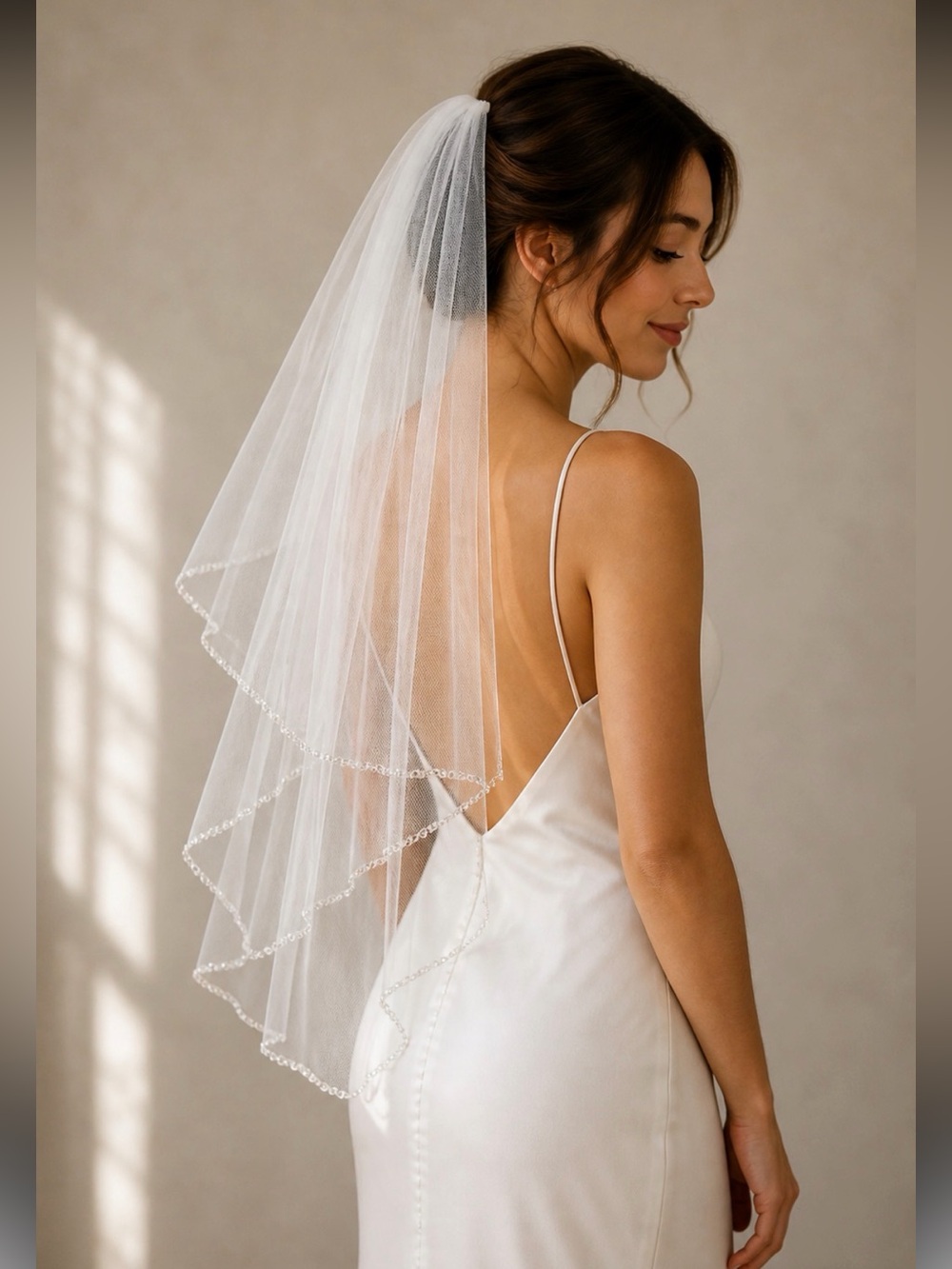 David's Bridal Soft White Two Tier Rhinestone Edge Bridal Veil Comb New USA Made